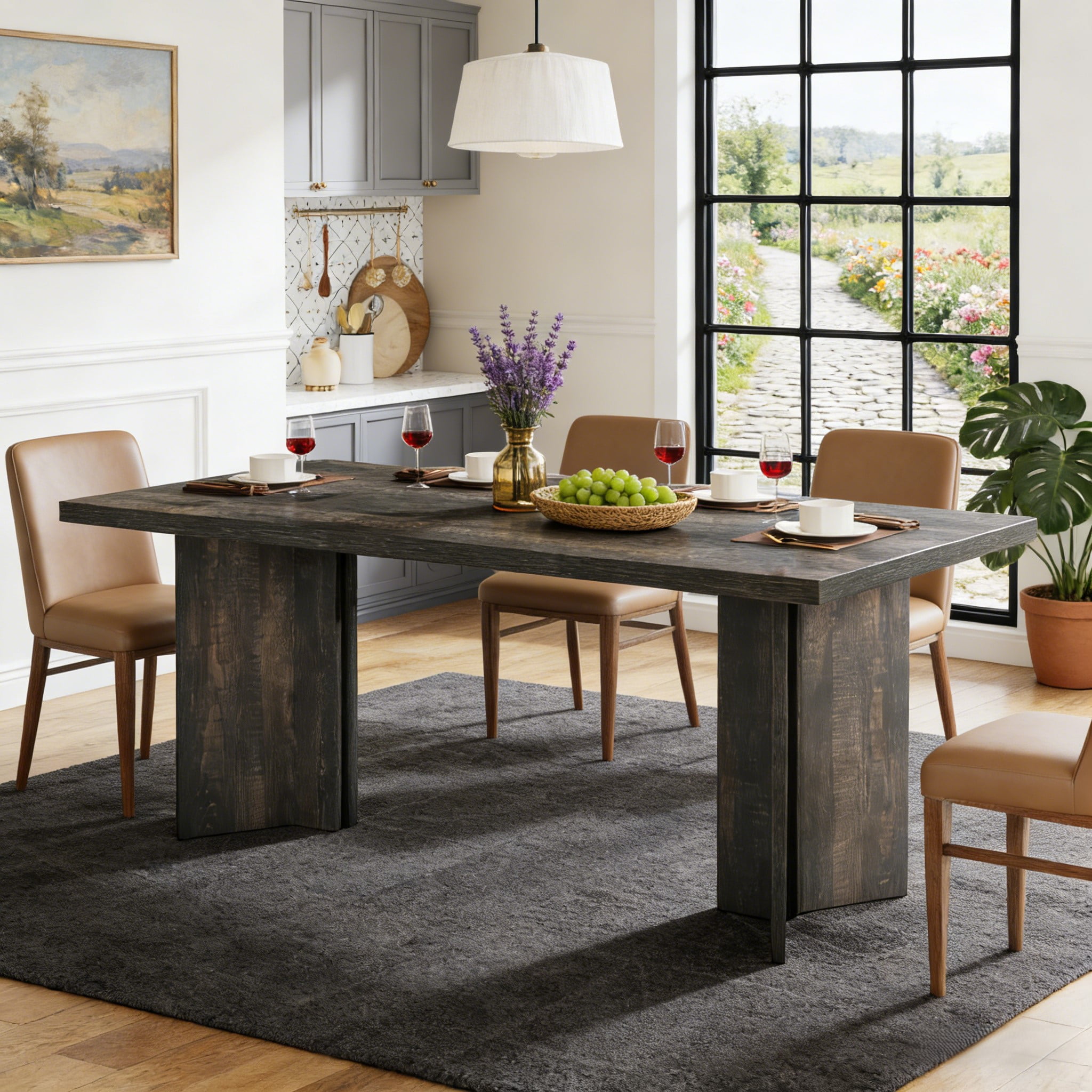 Fnova 63" Rectangular Modern Dining Table, Wooden Modern Kitchen Table for 6 People for Dining Room, Black (Chairs Not Included)