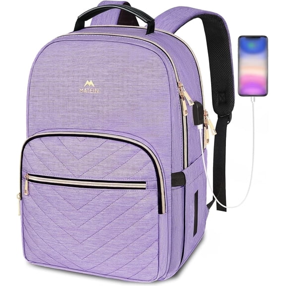 Matein 15.6 in Laptop Backpack for Women, Waterproof Computer Backpacks with USB Charging Port for School Work Travel, Purple
