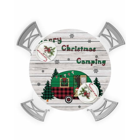 

Round Tablecloth with Elastic Happy Christmas Camper Car Wooden Planks Waterproof Stain-proof Table Cover Wipeable Fitted Table Cloths for 45 -54 Round Tables Dining Kitchen Indoor Outdoor Use