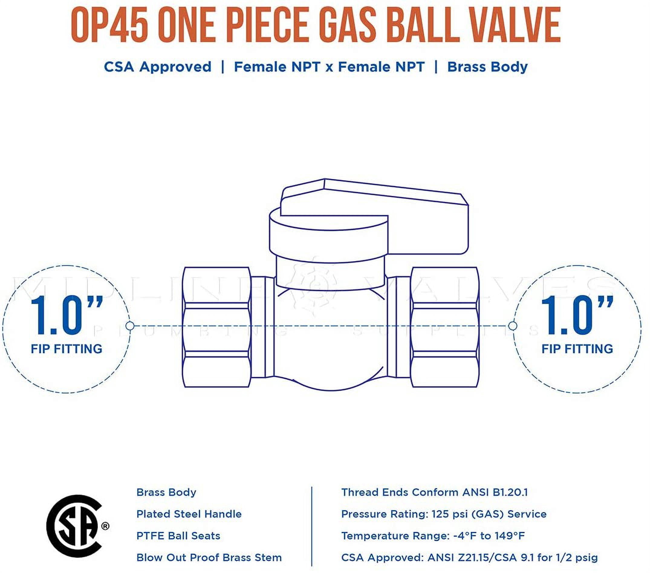 Midline Valve 1PC1-5 Superior One Piece Gas Ball Valve, 1 in. FIP Connections, Brass (Pack of 5)