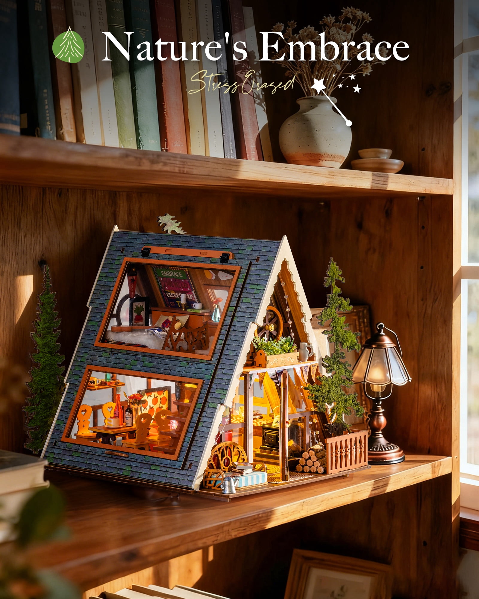 Robotime A-Frame Cabin DIY Miniature House Kit,Mini Wooden Dollhouse Building Sets for Home Decor,Tiny House Craft Kits Gift for Adults Teens