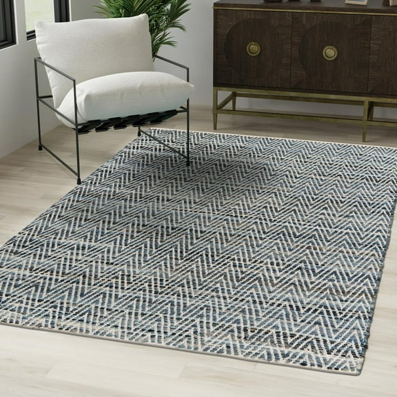 Unique Loom Chindi Chevron Collection Area Rug - Claire (4' 1" x 6' 1" Rectangle Denim/Light Blue)