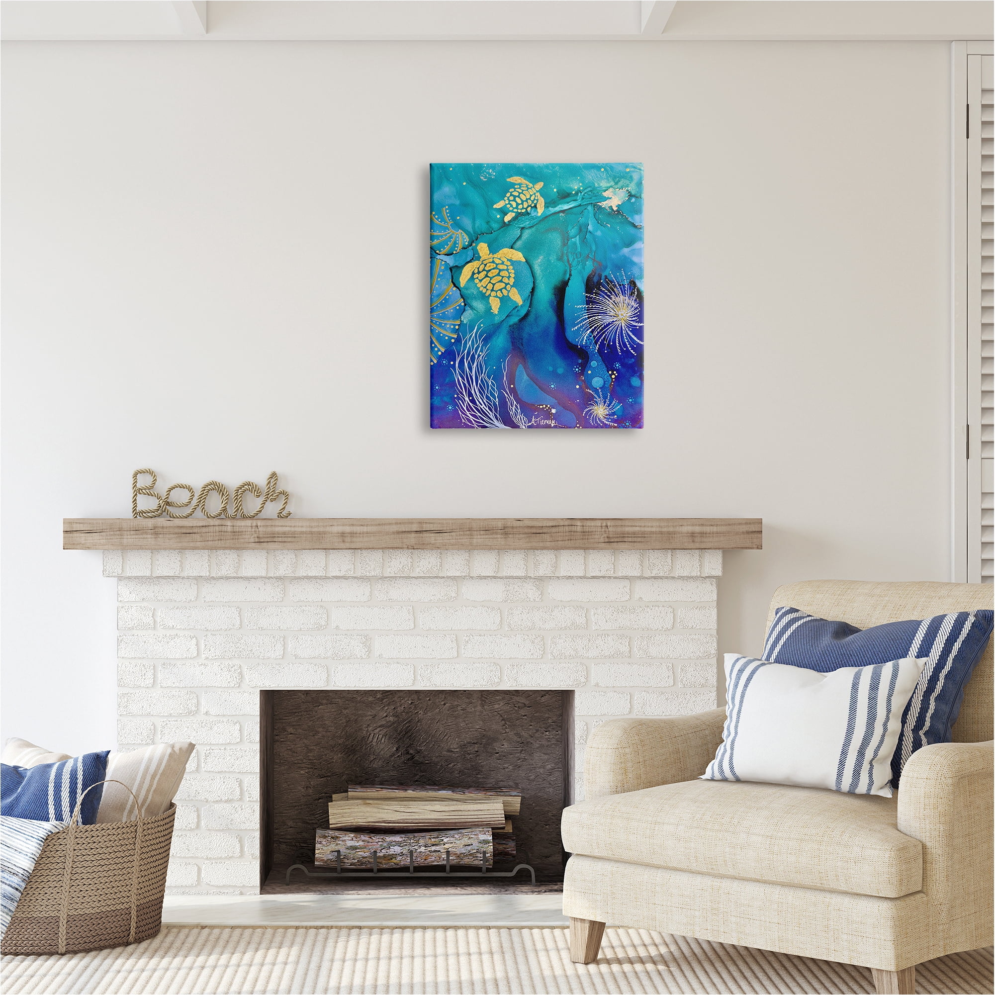 Stupell Industries Abstract Blue Sea Turtles Abstract Painting Gallery Wrapped Canvas Art Print Wall Art, 24 x 30