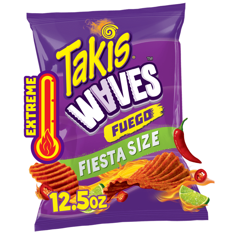 2 pack) Takis Fuego Waves 12.5 oz Fiesta Size Bag, Hot Chili