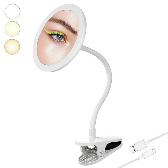 TUSHENGTU Portable Makeup Mirror, 6.5" Round, Metal/Glass, Clip-on, 10X Magnifying w/ Light, 360° Rotation