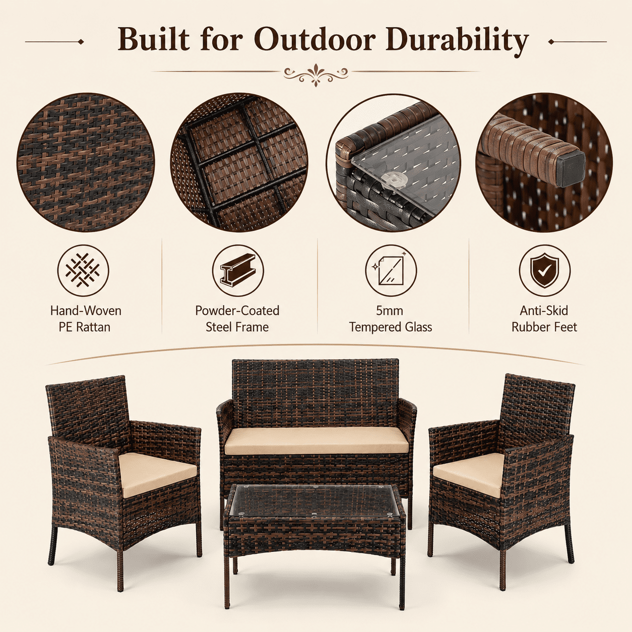 Outdoo Furniture Set, 4 Pieces Wicker Porch Conversation Set w/Cushions, All-weather Hollow Rattan Patio Sectional Sofa Set with Table