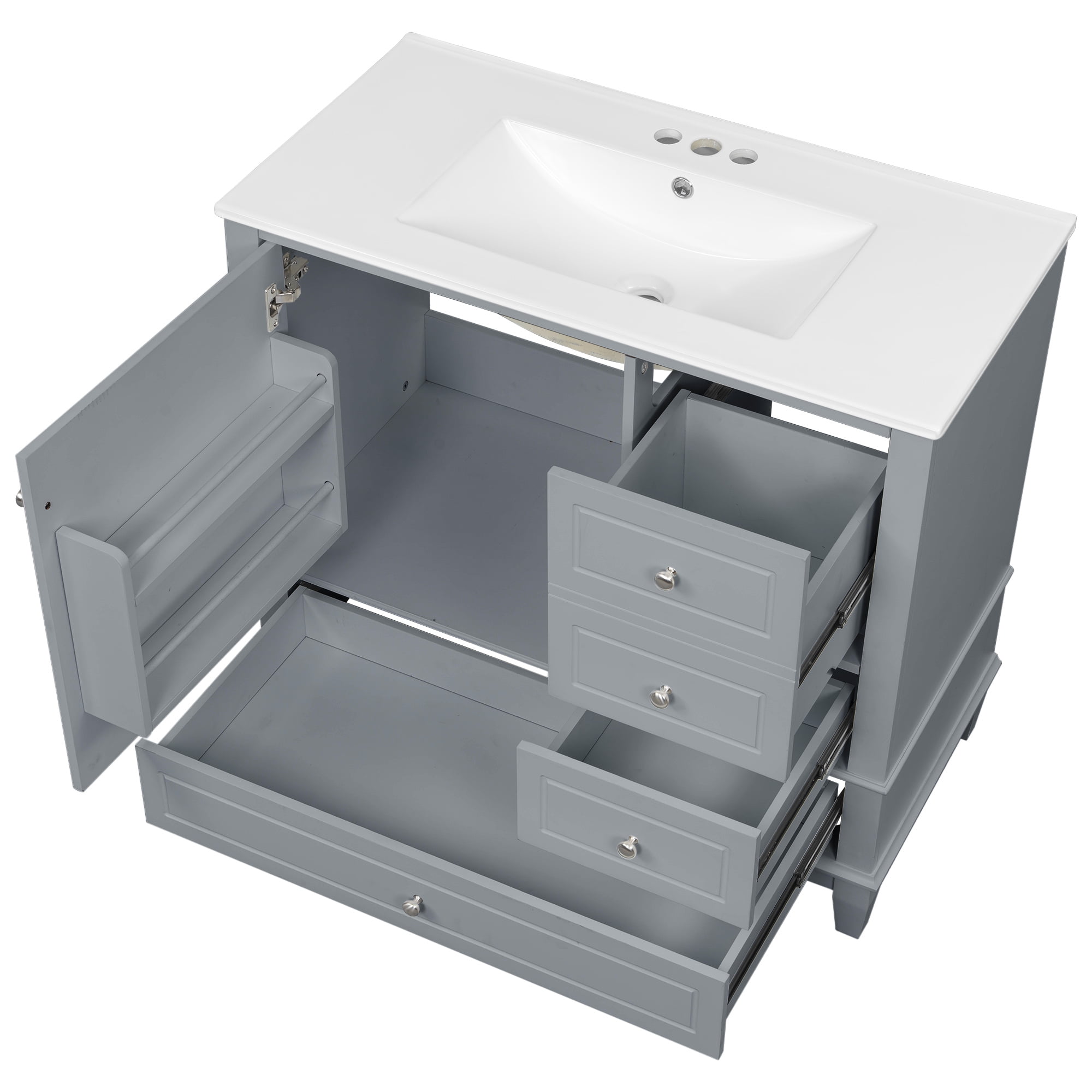 Aukfa 36" Bathroom Vanity with Ceramic Sink, Freestanding Solid Wood Base Cabinet,3 Drawers & Door Shelves,Gray