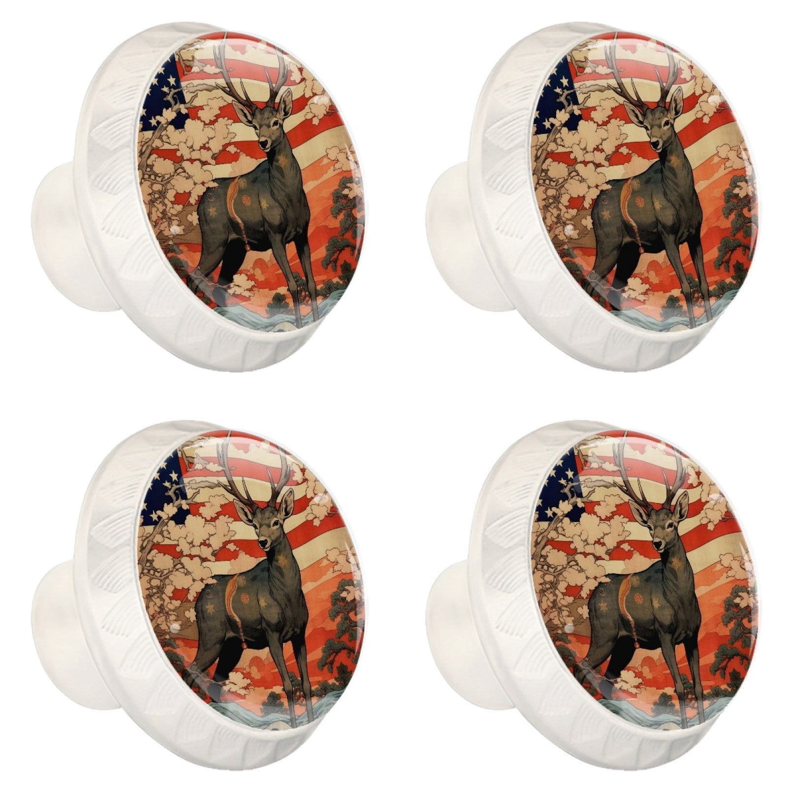 4 Pcs Deer and American Flag Knobs for Kitchen Cabinet Cupboard Dresser Bookcase Drawer Pulls Handles Round Home Decor