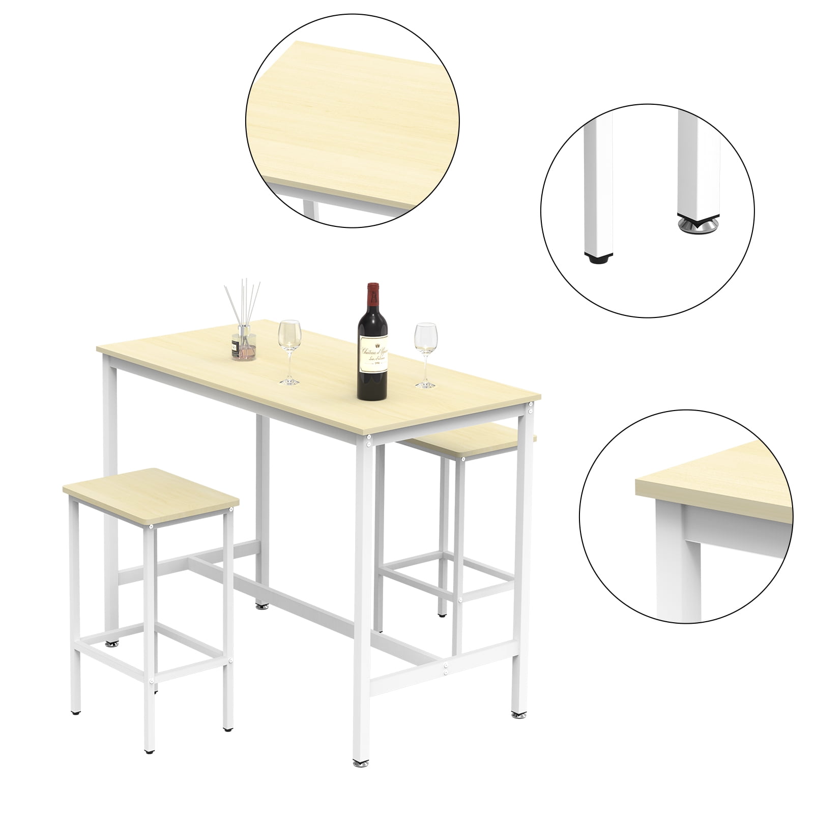 Oumilen 3 Piece Wood Bar Table and 2 Chairs Set Indoor Counter Height Dining Set, White
