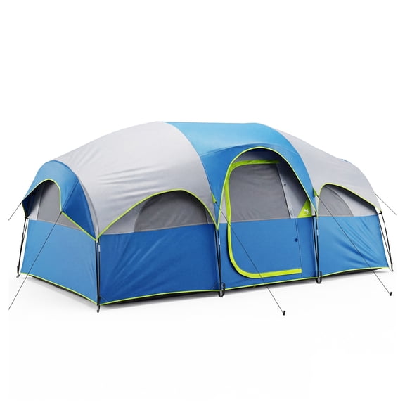EDX 8-Person Waterproof Family Camping Tent with Room Divider, Standing Height Cabin Tent with Mesh Roof, Easy Setup Large Tent for Car Camping & Outdoor Adventures, Blue
