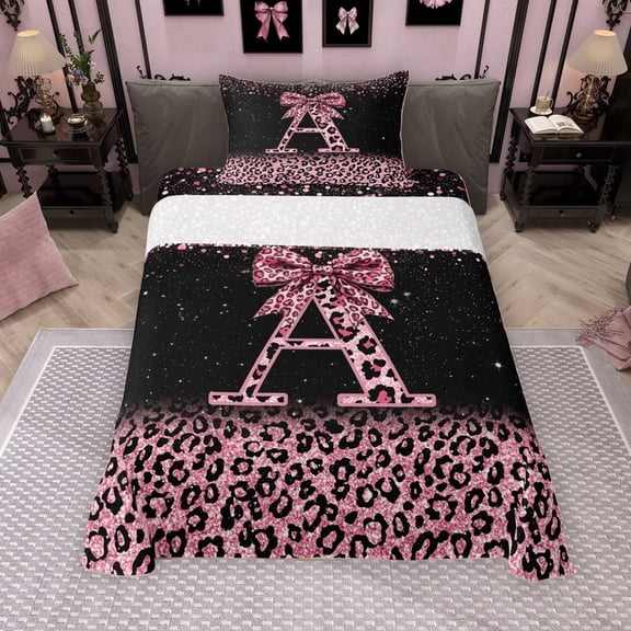 Erosebridal Cute Pink Leopard Print Twin Sheet Sets for Girls, Bowknot Letter A Bedding, 3pcs, 1 Flat Sheet, 1 Fitted Sheet and 1 Pillowcase