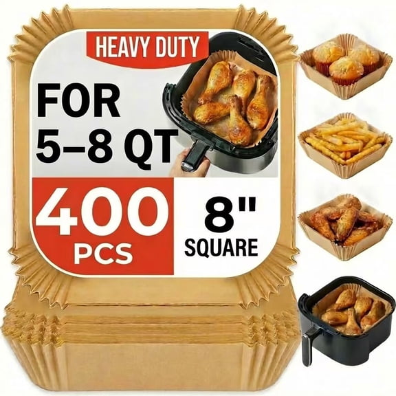 Air Fryer Liners Disposable, 8 Inch Square Parchment Paper for Air Fryer with Reusable Safety Ring, 400 Pcs Non-Stick Air Fryer Accessories