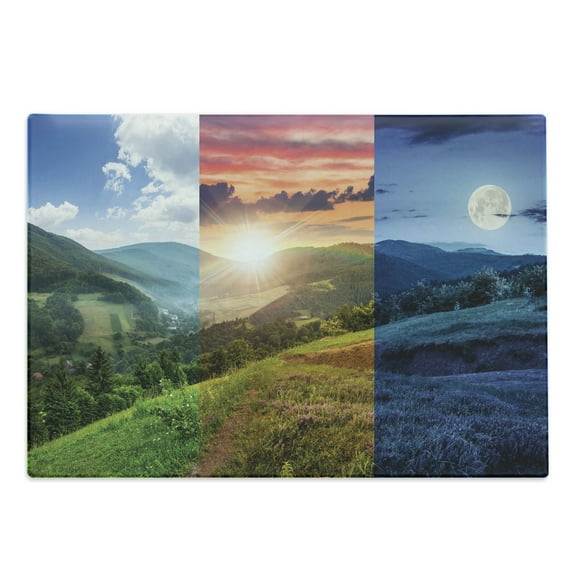 Nature Cutting Board, Foggy Mountain Forest View in Various Times of the Day Idyllic Nature Collage Art, Decorative Tempered Glass Cutting and Serving Board, Large Size, Multicolor, by Ambesonne