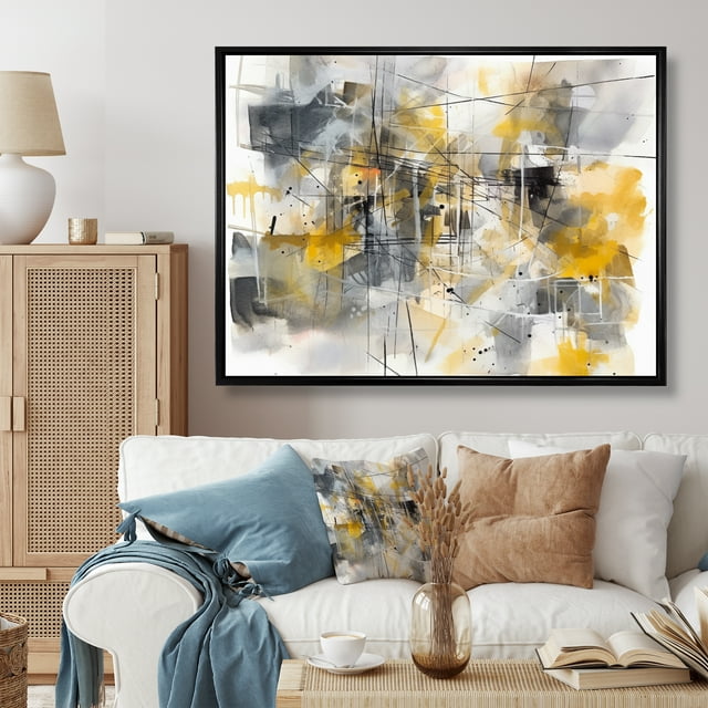 Designart Abstract Oversized framed wall art decor, Abstract framed wall art Print, Beyond the Framed Canvas in Yellow and Grey I , Yellow Modern black framed wall art, 32x16 inches black frame