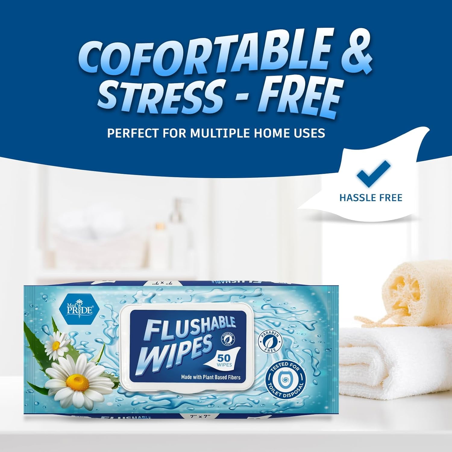 MED PRIDE XL Flushable Wipes for Adults Unscented 600 Pack Extra Large Aloe Vera & Chamomile Plant-Based Toilet Wipes Flushable Travel Wipes for Sensitive Skin