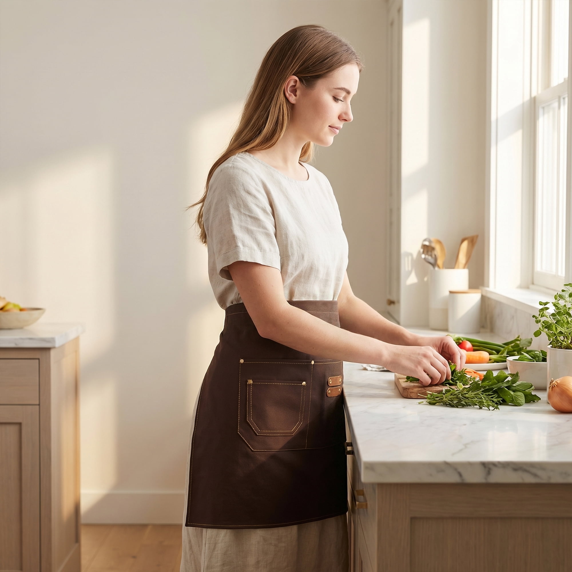 Unique Bargains Water-resistant Kitchen Apron with Pockets for Home and Kitchen Dark Brown
