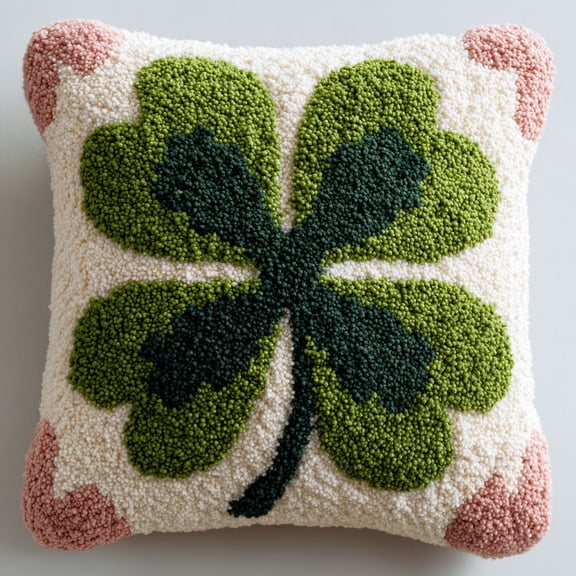 Latch Hook Throw Pillow Kit Green four-leaf clover Embroidery Latch Hooking Crochet Kits 17x17inch