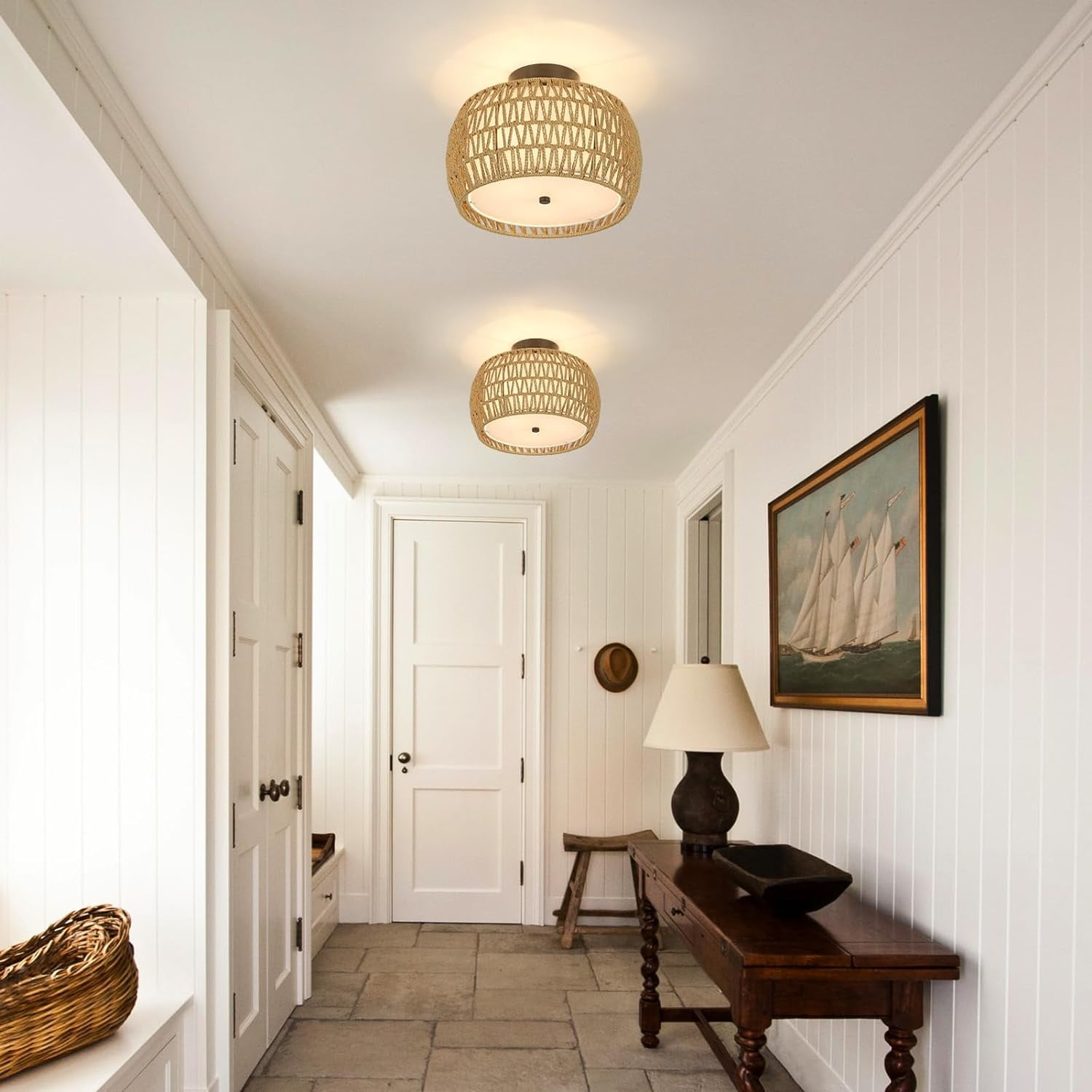 Boho Style Ceiling Light with Rattan Shade - Farmhouse Inspired Semi Flush Mount Fixture for Kitchen, Living Room, Bedroom and Hallway