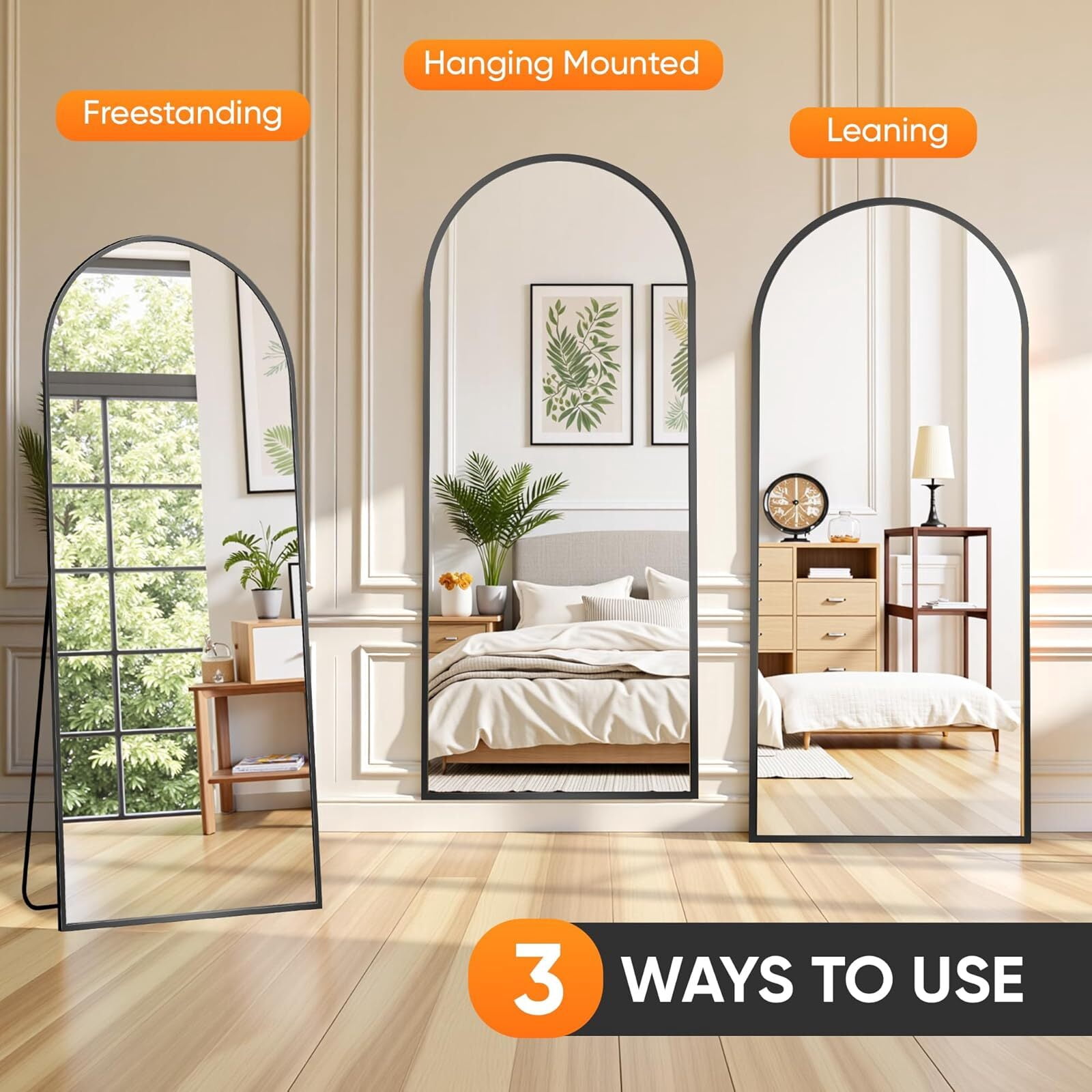 Anyrose 64.2"x21" Arched Full Length Mirror Free-standing Floor Mirror, Black