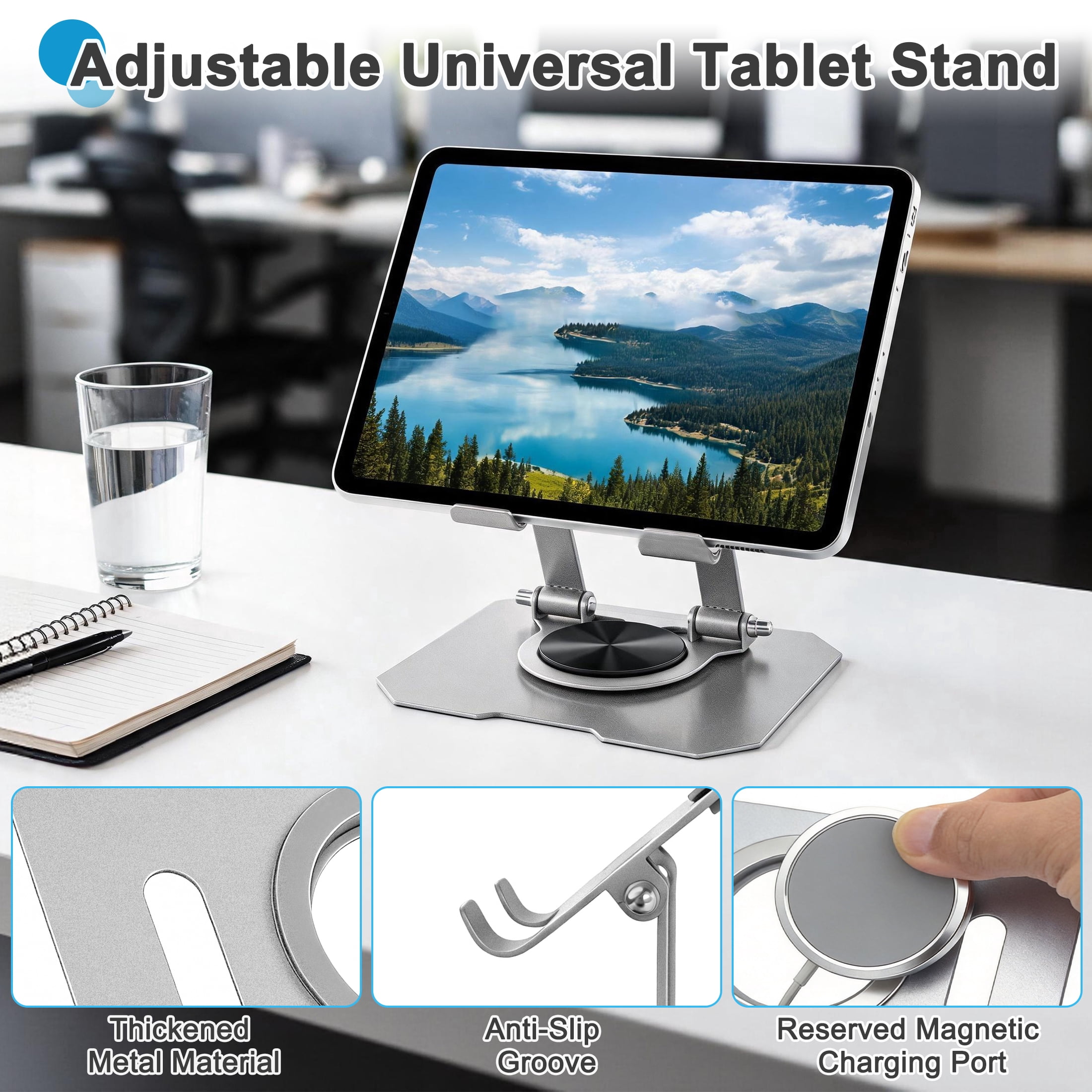 360° Rotating Tablet Stand, Universal Foldable Aluminum Alloy Tablet Holder, Height Angle Adjustable Desktop Tablet Mount, Multi‑Angle Stand for Tablet Phone
