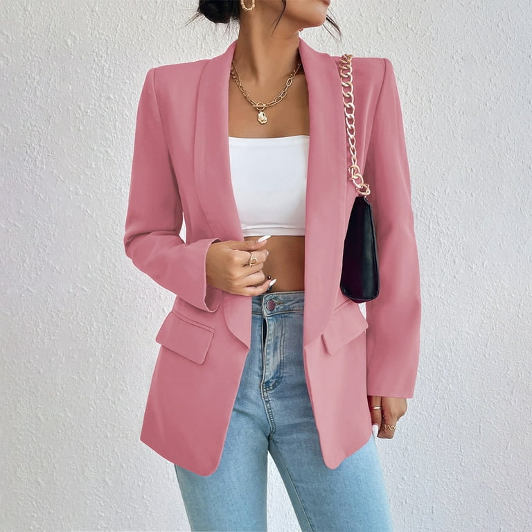 XFLWAM Womens Casual Blazers Open Front Long Sleeve Pad Shoulder Blazer  Work Office Pockets Jackets Hot Pink S 