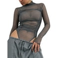 thumbnail image 1 of xiaxaixu Women Long Sleeve Bodysuits Solid Color Ruched Mesh See-Through Mock Neck Skinny Rompers Spring Fall Jumpsuits Streetwear, 1 of 5