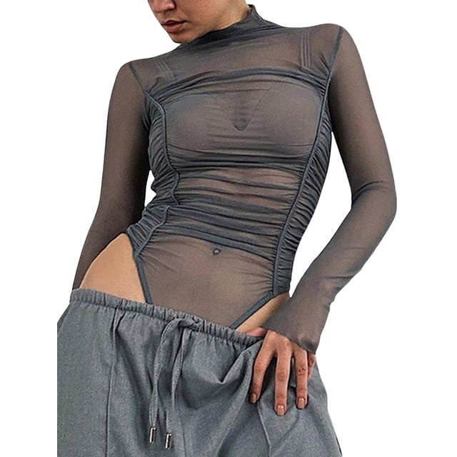 xiaxaixu Women Long Sleeve Bodysuits Solid Color Ruched Mesh See-Through Mock Neck Skinny Rompers Spring Fall Jumpsuits Streetwear