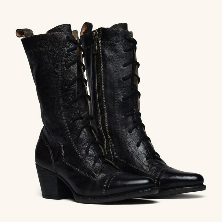 Entyinea Women's Winter Boots Round Toe Heel Lace Up witch