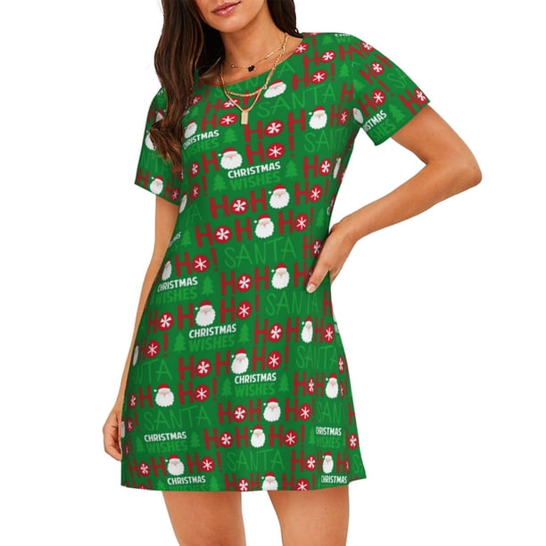 Disketp Cute Santa And Ho Ho Ho para Camisón Corto de Manga Corta para Mujeres, Camisón Cómodo con Escote Redondo, Bonito y Confortable
