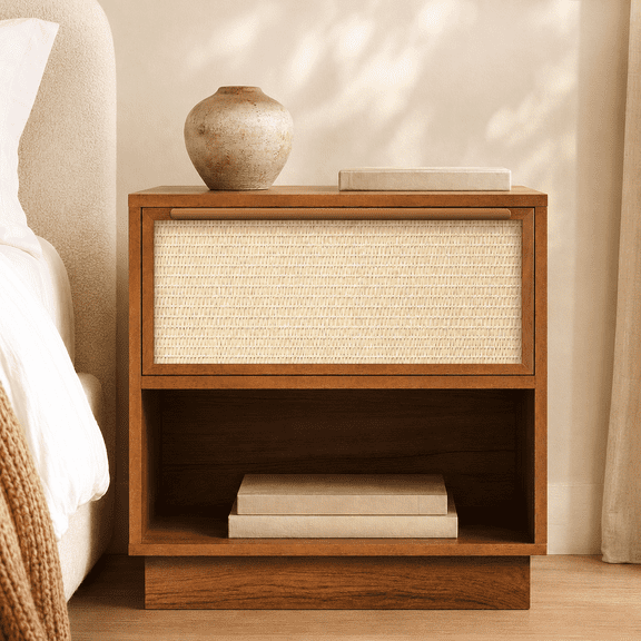 EcoNovi Caramel Walnut Nightstand, Drawer and Open Shelf Bedside Table with Rattan-Look Front, Compact Storage