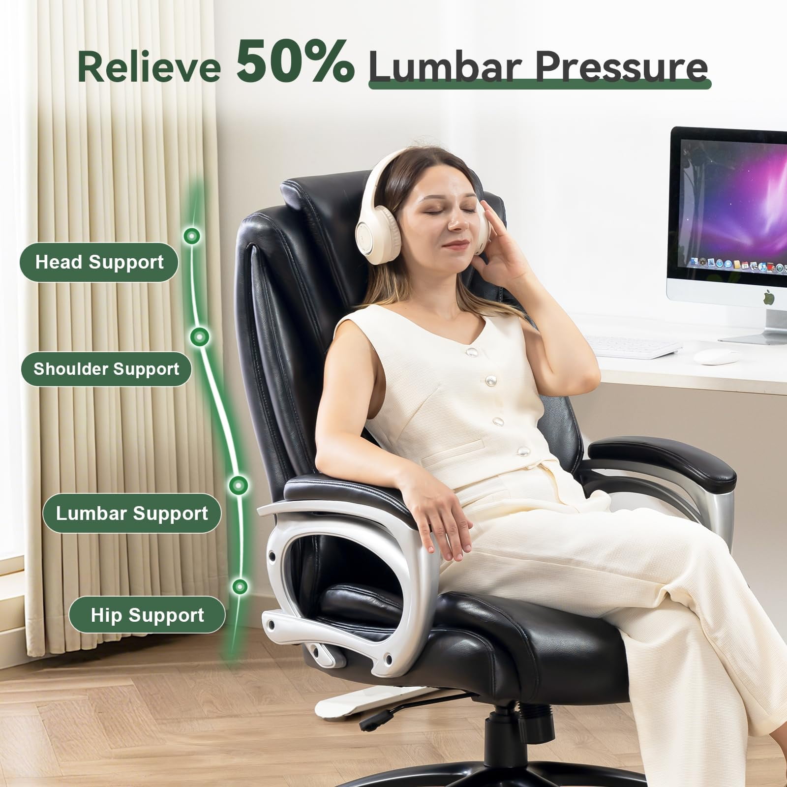 Big and Tall Office Chair 500lbs, Heavy Duty Executive Office Chair, Adjustable Height High Back Ergonomic PU Leather Desk Chair, 360° Swivel Rolling Wheels for Home Office (Black)