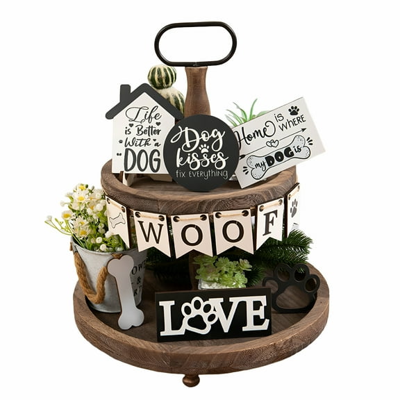 LAMIRO Stylish Dog Tiered Tray Decor Set Wooden Dog Tray Decor Rustic Farmhouse Woof Bone Farm Decorations Mini Wood Signs For Kitchen Home Table Housewarming Gift