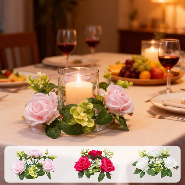 Candelabro de Rosas de San Valentín - Centro de mesa de flores artificiales rosas, rojas y blancas para decoración de bodas, mesas y ventanas