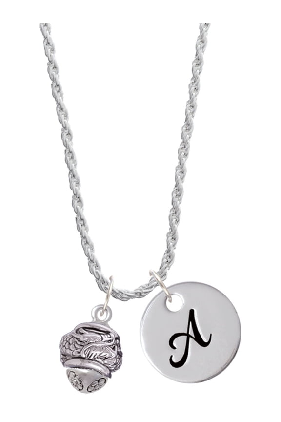 Silvertone Antiqued Dragon Spinner Silvertone Script Initial Disc - A - Charm Necklace, 20"+3"
