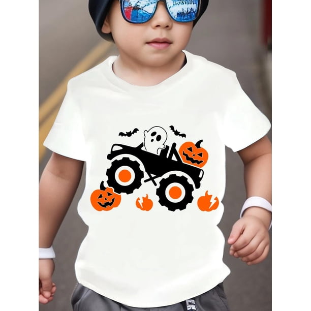 Halloween T-shirt - Youngsters' Halloween Pumpkin Truck & Bat Cartoon Print T-Shirt - Comfy Polyester Blend, Short Sleeve, Round Neck, Machine Washable - Perfect for Spring/Summer/Fall