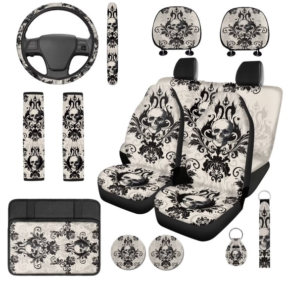 Yuyamidu Halloween Skull 14 Pcs Car Seat Covers with Steering Wheel Cover,Seat Belt Covers Cup Holder with Keychain,Novelty Automotive Protector Set Unverisal Fit Cars SUV Turcks