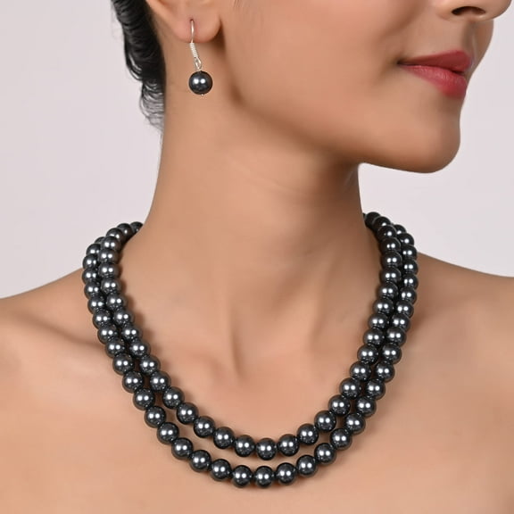 Ratnavali Jewels Shell Cultured 10mm Dark grey Pearl Double Strand Necklace for Women With Hook Earrings