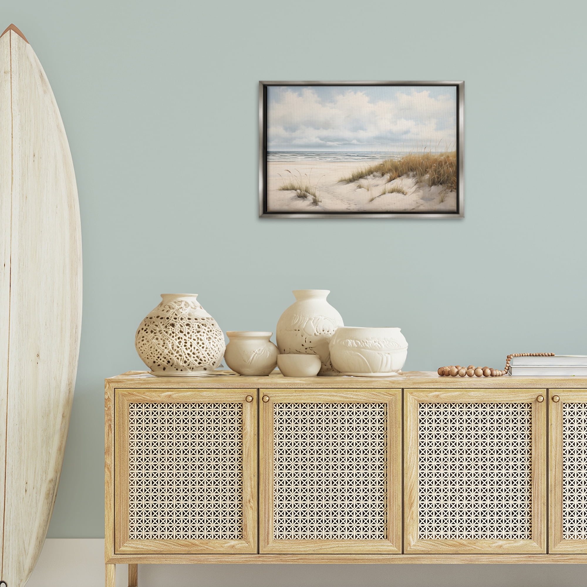 Stupell Industries Seascape with Soft Grasses Landscape & Nature Painting Gray Floater Framed Canvas Art Print Wall Art, 25 x 17
