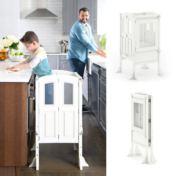 Martha Stewart Kitchen Helper by Guidecraft - Linen White: Adjustable Wooden Step Stool, Kids Folding Learning Toddler Tower w/ Non-Slip Mat