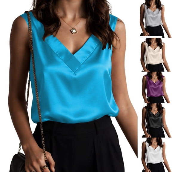 COMVALUE Women's Tank Tops V Neck Casual Business Work Camisoles Sleeveless Blouses Dressy Summer Shirts (Sky Blue, S)