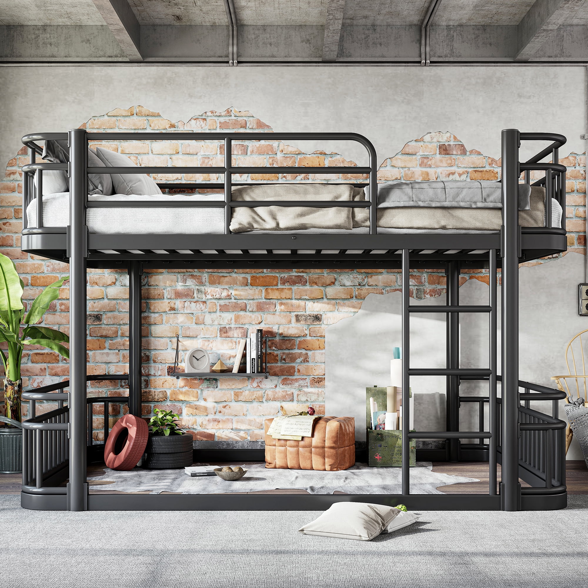 Leumius Queen over Queen Bunk Bed Frame with Ladders & Guardrails, Upgraded Round-Pipe Metal Frame, Stylish & Versatile for Any Room,Black