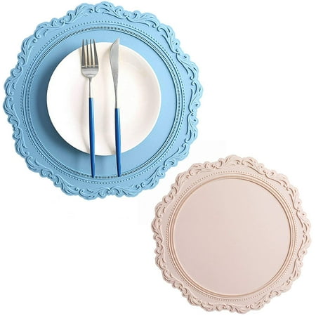 

Homgreen Silicone Dinning Placemat Set of 2 Bigger 34cm/13.4in Round Table Mat Heat-Resistant Dishes Trivets Waterproof Dishwasher Safe (34cm/13.4in Pink+Blue)