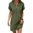 thumbnail image 4 of Womens Summer Casual Dresses Solid Color V Neck Short Sleeve Button Down Comfortable Mini Shirt Dress Holiday Wear, 4 of 6