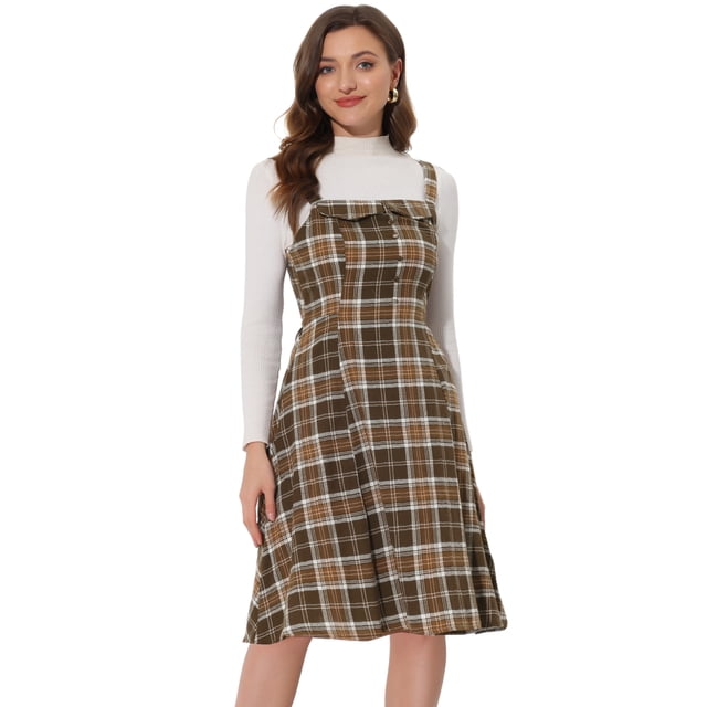 INSPIRE CHIC Vestido a media pierna sin mangas con decoración de botones a cuadros para mujer marrón XS