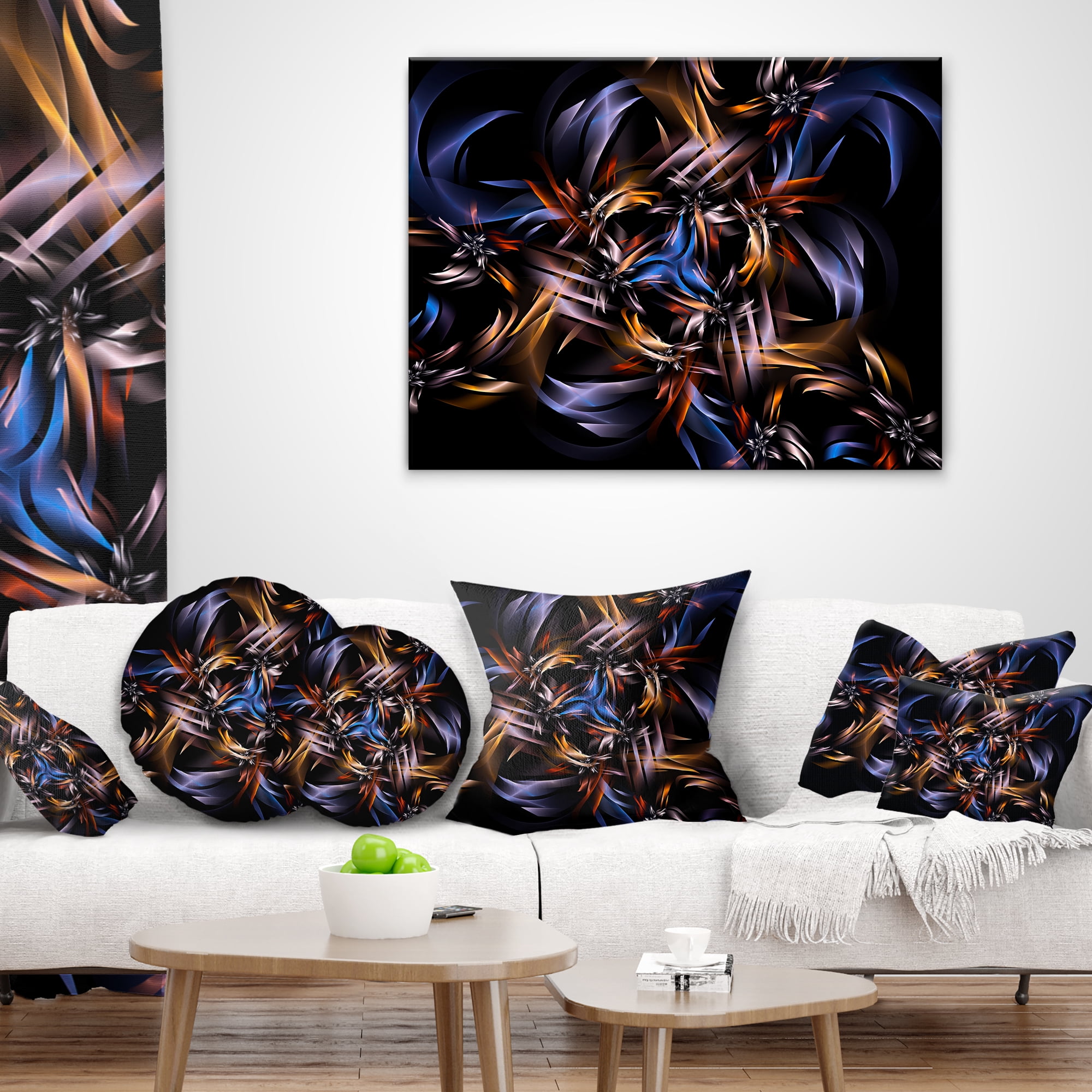 Designart Blue Fractal Light Art in Dark - Contemporary Throw Pillow - 12x20