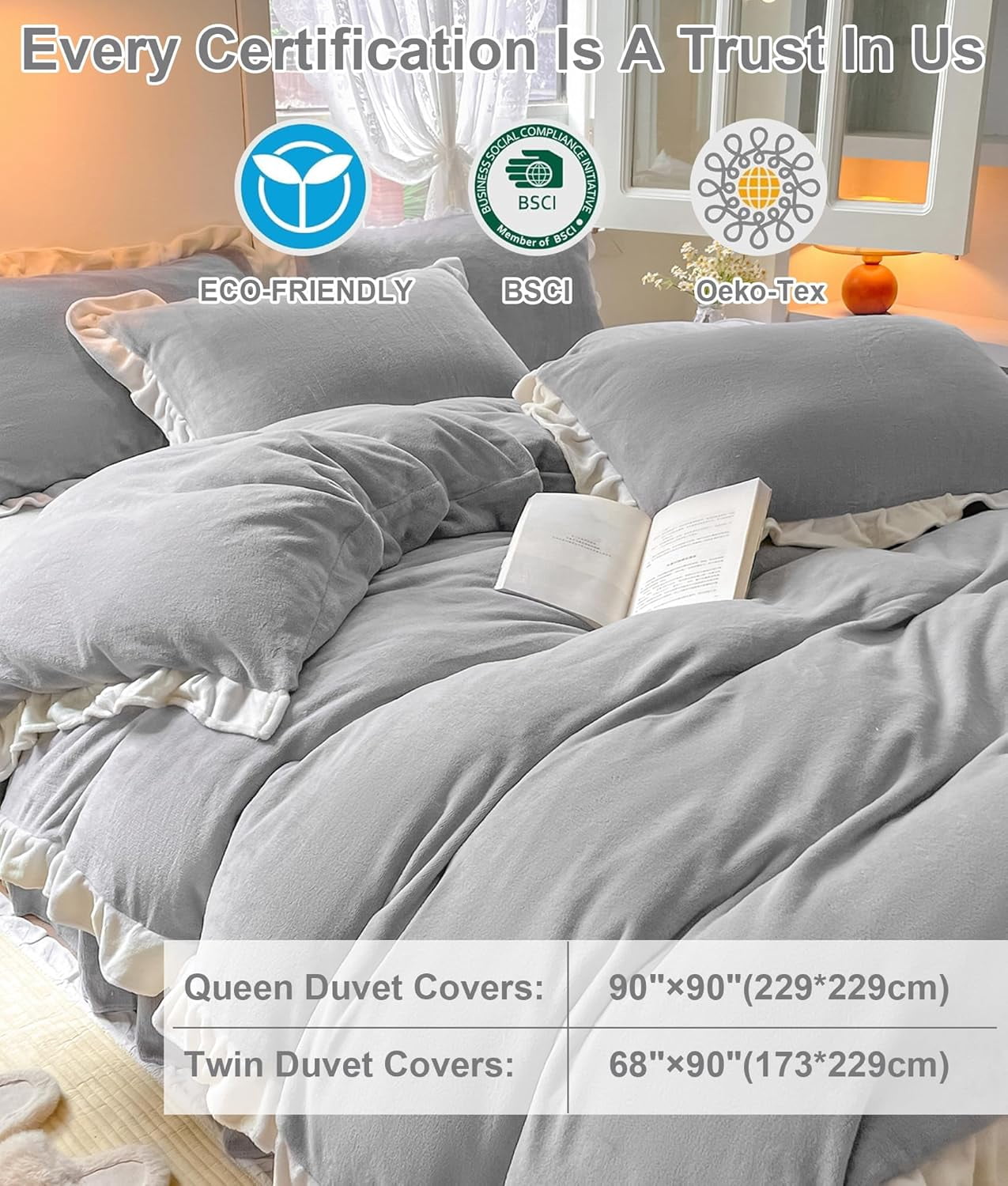 Velvet Duvet Cover, Queen Size Luxury Ultra Soft Fluffy Duvet Cover Set, Winter Crystal Velvet Duvet Covers with 2 Plillowcase, Gray, 90''x90''