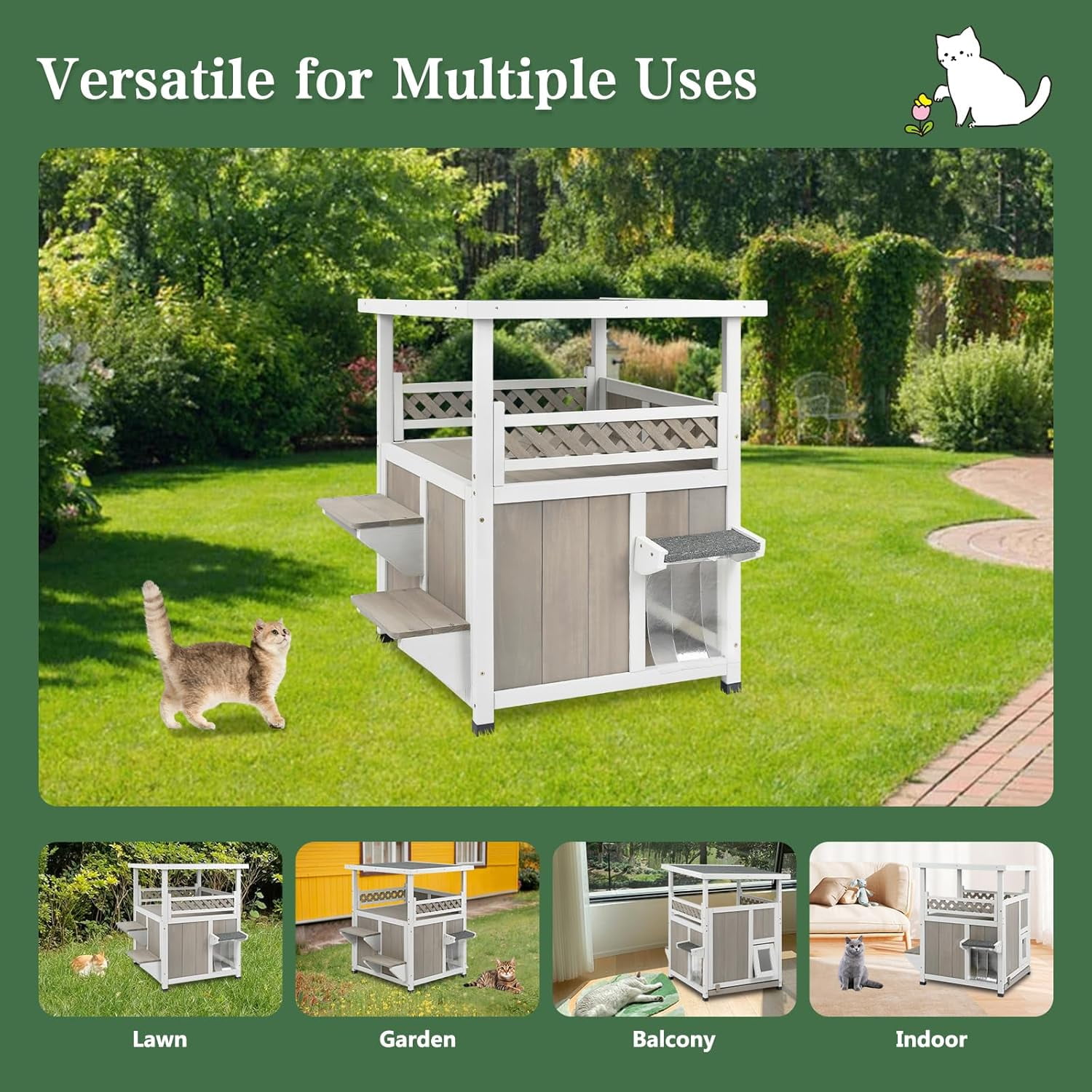 PETSCOSSET Outdoor Cat House 2 Story Wooden Houses for Outside Feral Cats