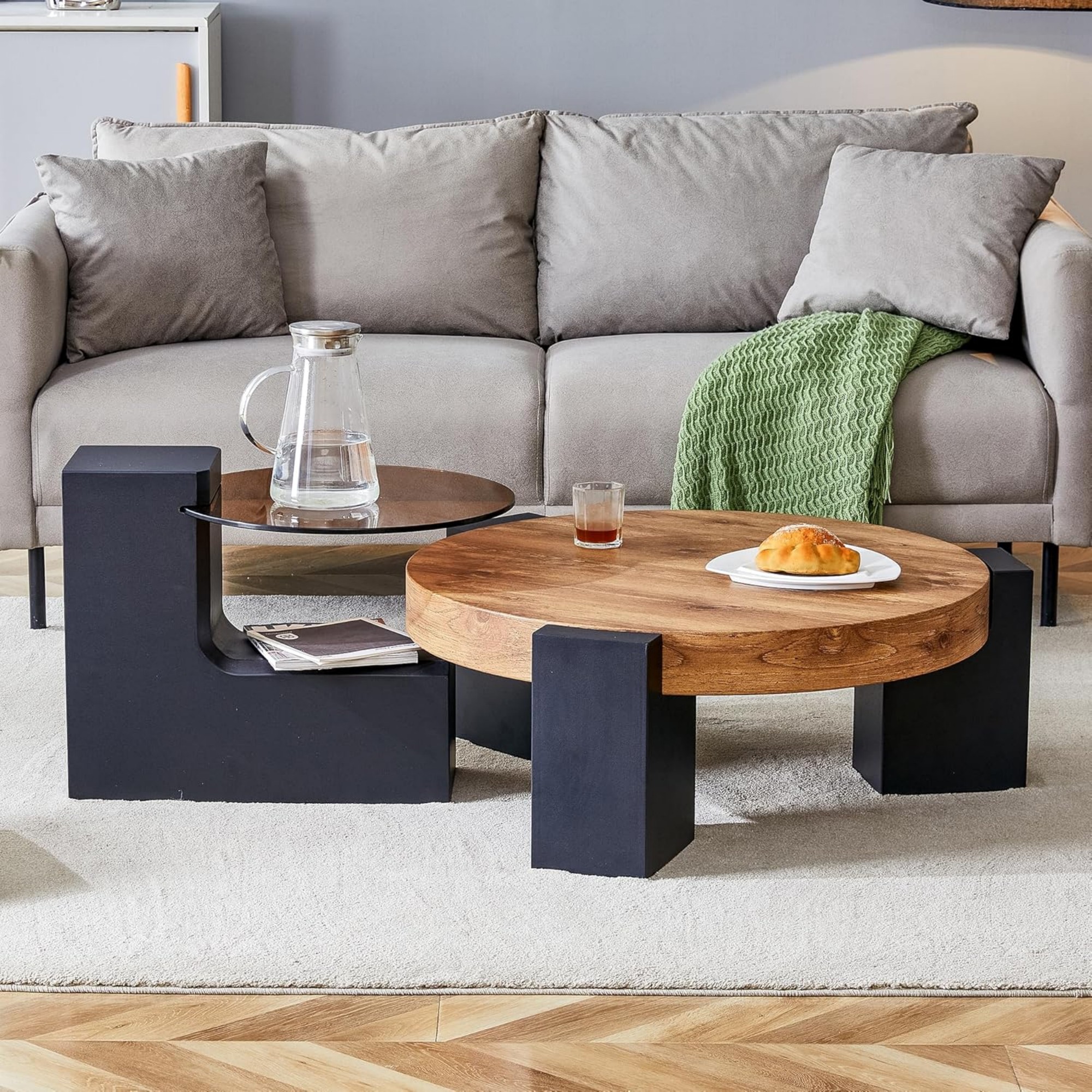 Sudica Detachable Double-decker Coffee Table 30" Round,Tea Table with Black Faux Marble Tabletop,Center Table for Living Room
