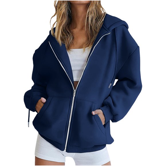 Lenpel Women's Plus Size Zip up Hoodies Long Sleeve Drawstring Oversized Sweatshirts Casual Loose Outwear Jackets with Pockets(Navy,Small)