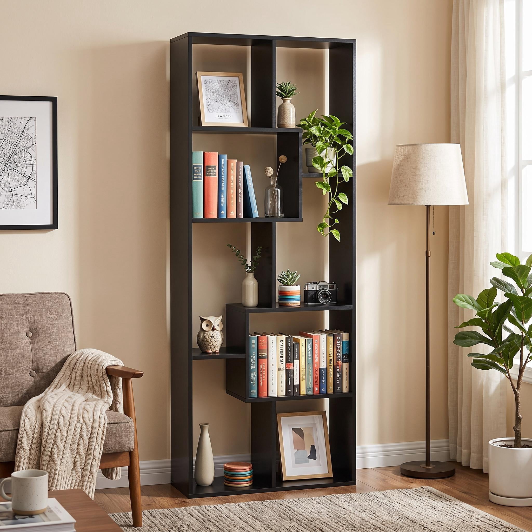 Homy Casa 71" Tall Geometric Bookcase, Open Display Shelf for Living Room & Home Office, Black